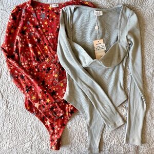 BUNDLE Bodysuits FP Intimately Oh Polly Snap Novelty Print Underwire Cotton Knit